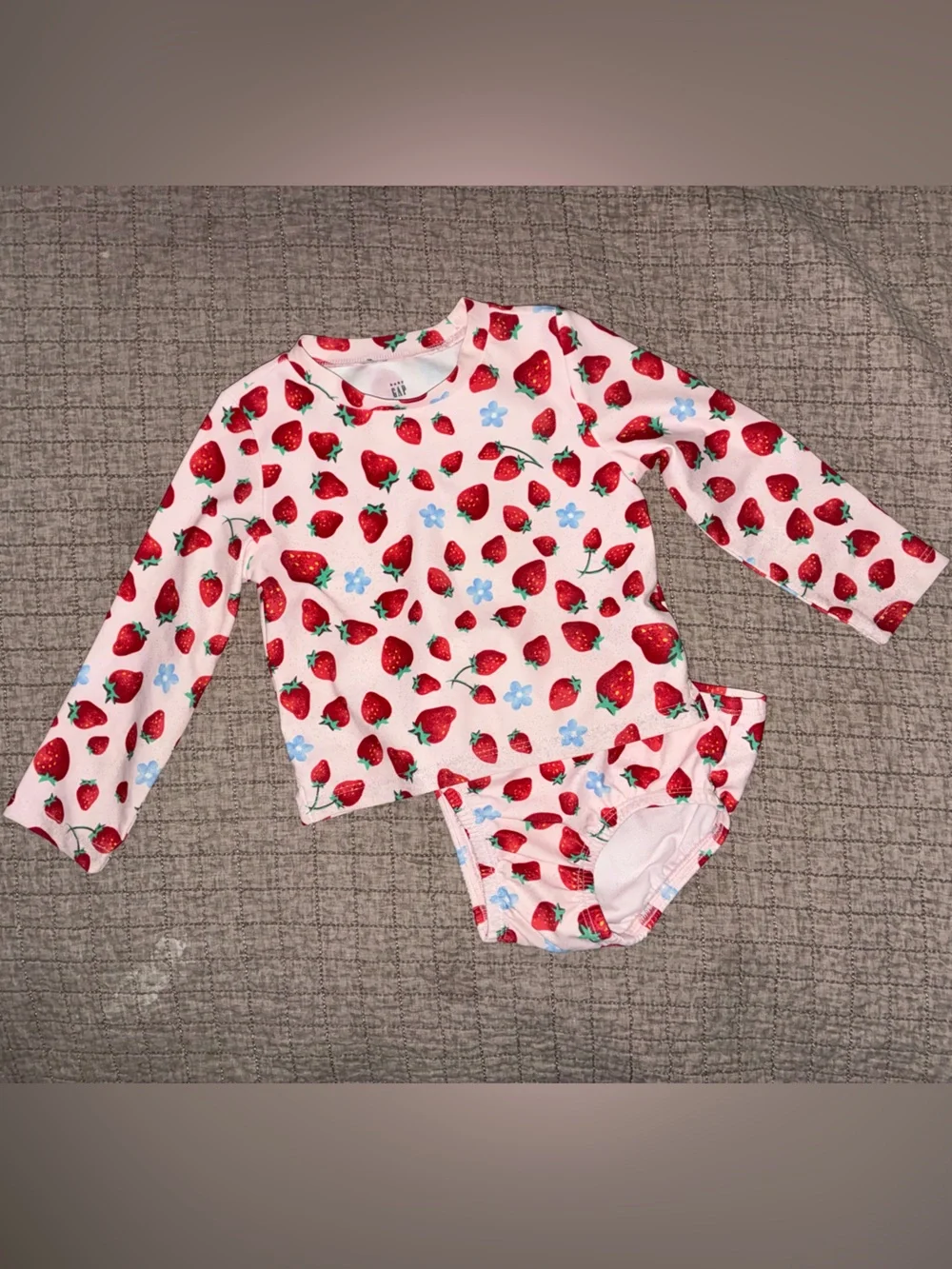 GAP Pink Strawberry Print Long-Sleeve One-Piece